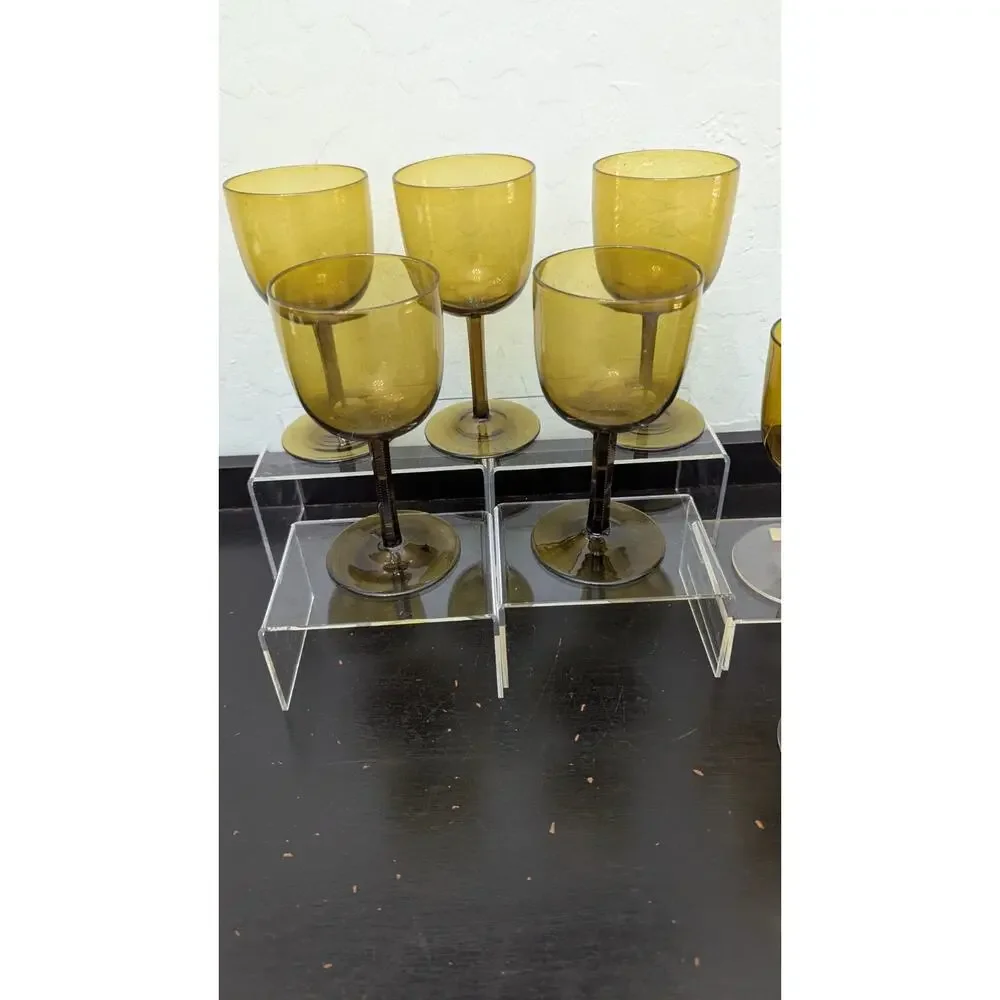 Hand Blown Dark Amber Wine Cordial Glasses Vintage Lot Of 9 MCM Olive Green
